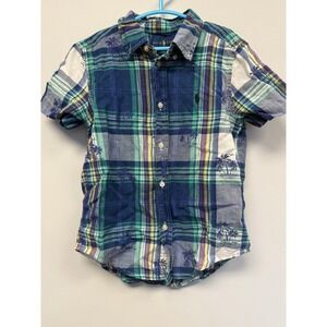 Ralph Lauren Boys Blue Green Plaid Palm Tree Short Sleeve Button Down Shirt 5